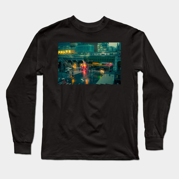 Rainy night in Neo Tokyo Matrix vibe with green and orange light reflection Long Sleeve T-Shirt by TokyoLuv